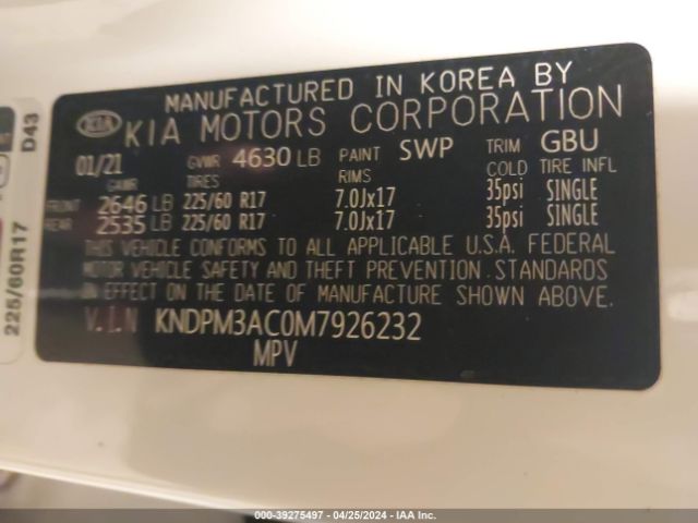 KNDPM3AC0M7926232 KIA Sportage Lx