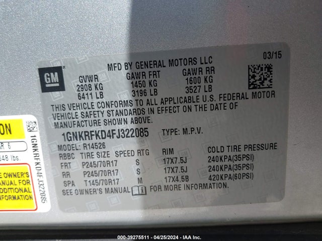 Chevrolet Traverse Ls 2015 1GNKRFKD4FJ322085 Image 9
