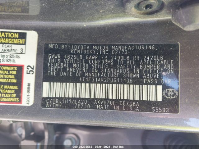 4T1F31AK2PU611136 Toyota Camry Xle Hybrid