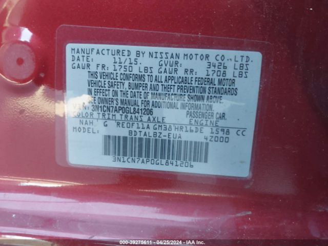3N1CN7AP0GL841206 Nissan Versa 1.6 S/1.6 S+/1.6 Sl/1.6 Sv