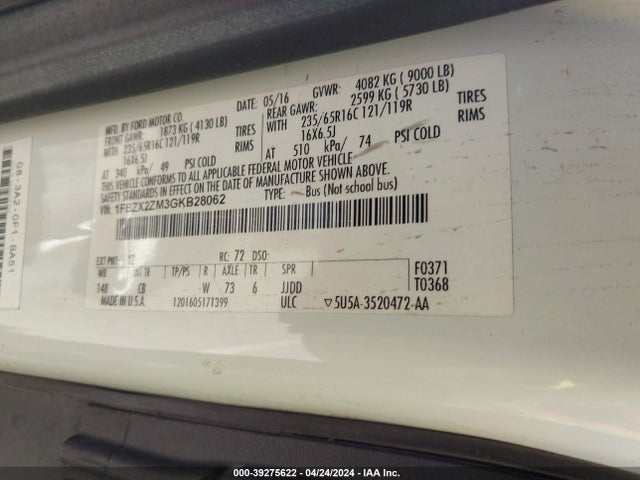 Ford Transit-350 Xlt 2016 1FBZX2ZM3GKB28062 Image 9