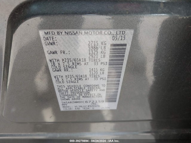 Nissan Pathfinder Sl 2015 5N1AR2MM0FC672159 Image 9