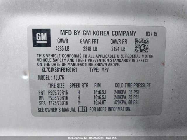 Chevrolet Trax 1ls 2015 KL7CJKSB1FB160161 Image 9