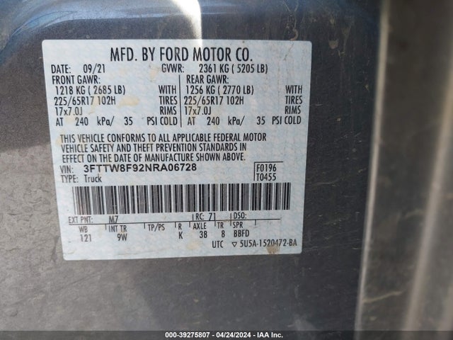 Ford Maverick Xl 2022 3FTTW8F92NRA06728 Image 9