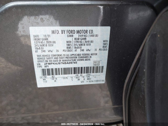Ford EDGE SEL 2022 2FMPK4J97NBA09745 Image 9