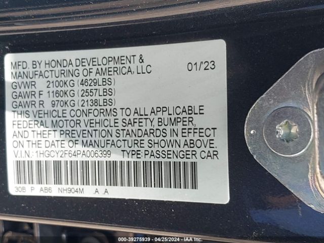 1HGCY2F64PA006399 Honda Accord Hybrid Ex-l