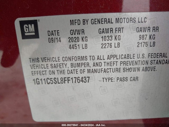 Chevrolet MALIBU 1LT 2015 1G11C5SL8FF176437 Image 9