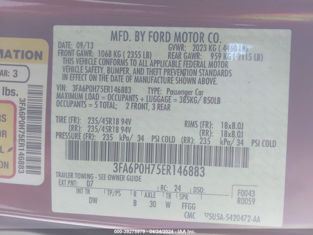 Ford FUSION SE 2014 3FA6P0H75ER146883 Image 9