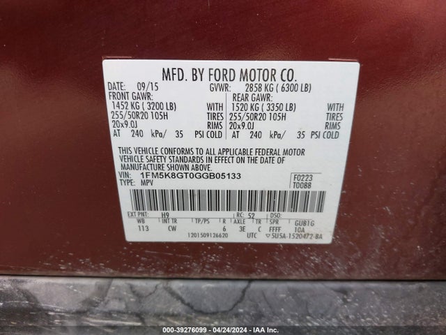 Ford EXPLORER SPORT 2016 1FM5K8GT0GGB05133 Image 9