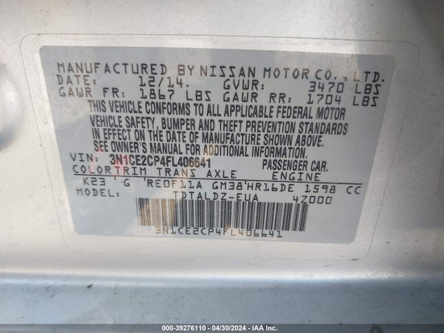 Nissan Versa Note S (sr)/s Plus/sl/sr/sv 2015 3N1CE2CP4FL406641 Image 9