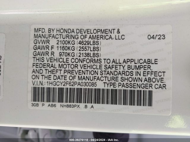 1HGCY2F62PA030085 Honda Accord Hybrid Ex-l