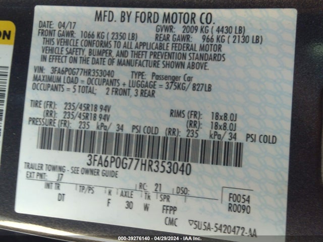 Ford FUSION S 2017 3FA6P0G77HR353040 Image 9