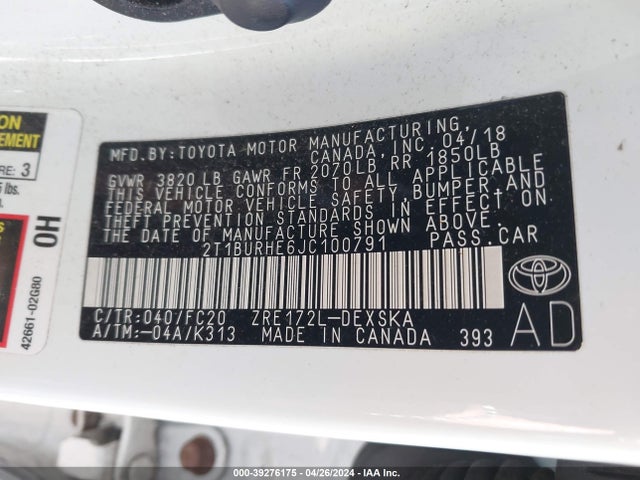 Toyota COROLLA SE 2018 2T1BURHE6JC100791 Image 9