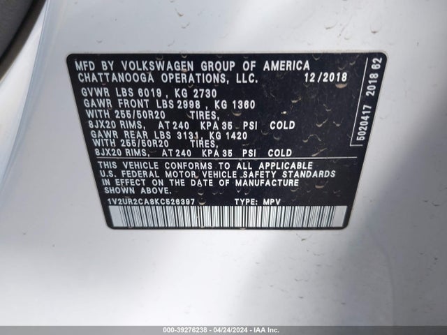 1V2UR2CA8KC526397 Volkswagen Atlas 3.6l V6 Se W/technology