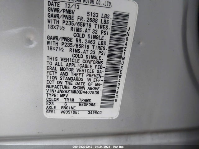 Nissan MURANO SV 2014 JN8AZ1MUXEW407538 Image 9