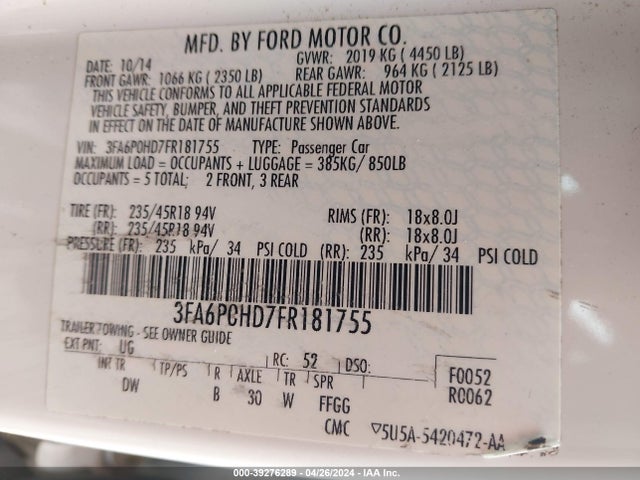 Ford FUSION SE 2015 3FA6P0HD7FR181755 Image 9