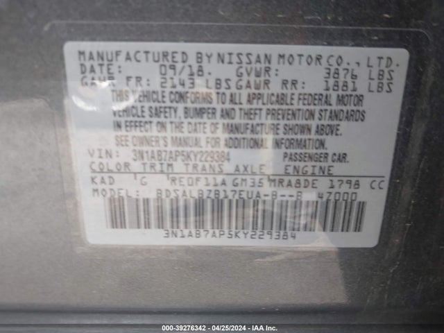 Nissan SENTRA S 2019 3N1AB7AP5KY229384 Image 9