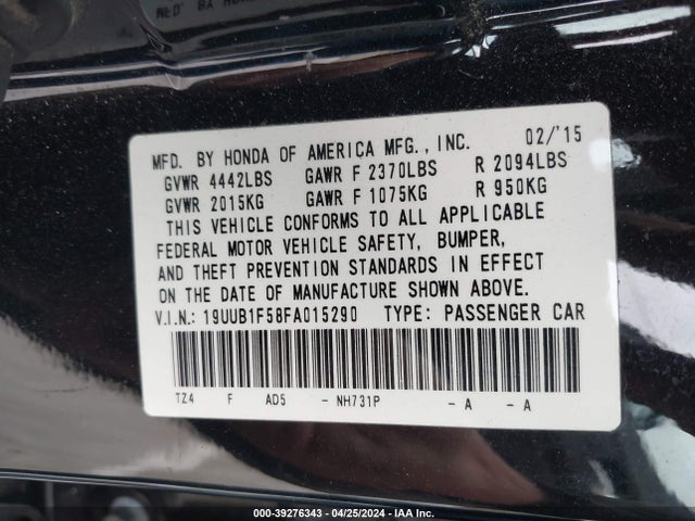 19UUB1F58FA015290 Acura TLX TECH