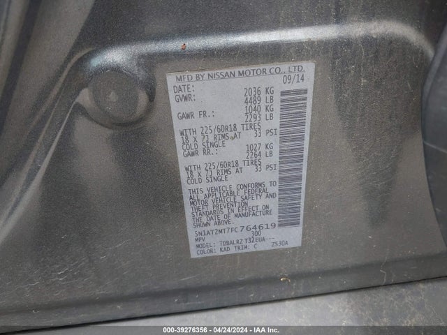 Nissan Rogue Sl 2015 5N1AT2MT7FC764619 Image 9