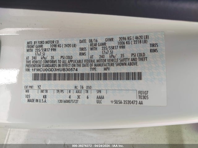 Ford ESCAPE SE 2017 1FMCU0GD3HUB30574 Image 9