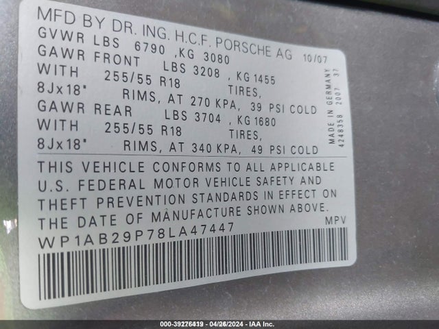 2008 PORSCHE CAYENNE WP1AB29P78LA47447 Photo 8