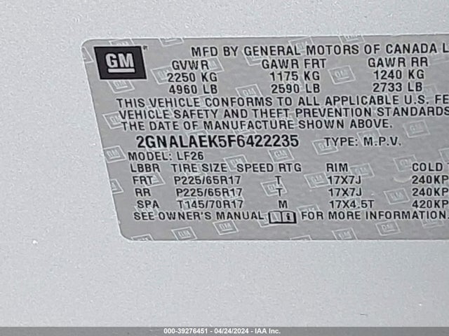 Chevrolet EQUINOX LS 2015 2GNALAEK5F6422235 Image 9