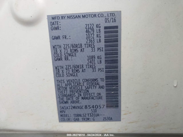 Nissan Rogue Sl 2016 5N1AT2MVXGC854057 Image 9
