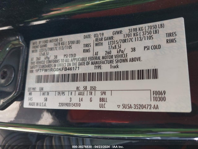 Ford F-150 Raptor 2019 1FTFW1RG0KFB46171 Image 9