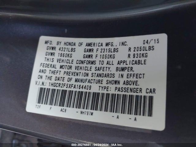 Honda Accord Sport 2015 1HGCR2F5XFA164409 Image 9