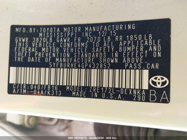 Toyota Corolla Le Plus 2016 5YFBURHE4GP432852 Image 9