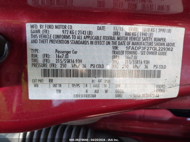Ford FOCUS SE 2016 1FADP3F27GL229362 Image 9