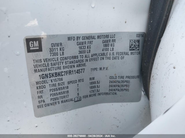 Chevrolet Tahoe Lt 2015 1GNSKBKC7FR114577 Image 9