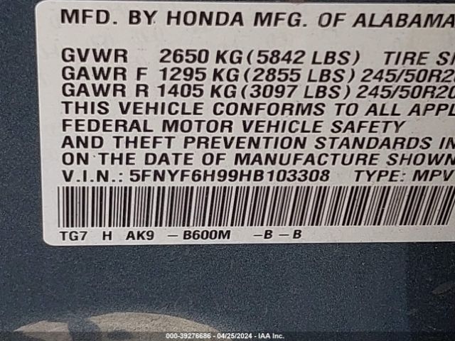 5FNYF6H99HB103308 Honda Pilot Touring
