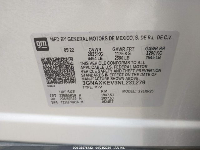 3GNAXKEV3NL231279 Chevrolet Equinox Fwd Lt