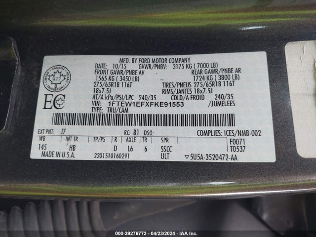 Ford F-150 Lariat 2015 1FTEW1EFXFKE91553 Image 9