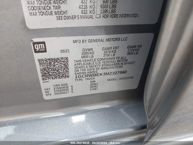 1GCRWBEK3MZ327960 Chevrolet Silverado 1500 2wd Double Cab Standard Bed Custom