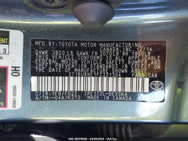 2T1BURHE1FC321304 Toyota Corolla S Plus