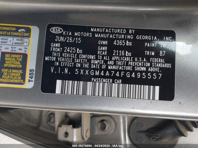 KIA Optima Lx 2015 5XXGM4A74FG495557 Image 9