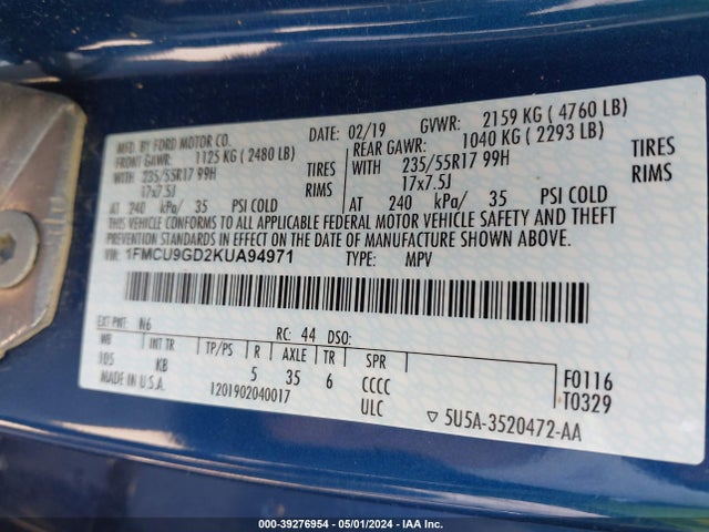 Ford ESCAPE SE 2019 1FMCU9GD2KUA94971 Image 9