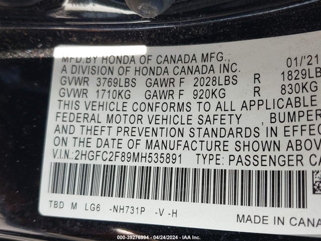 Honda Civic Sport 2021 2HGFC2F89MH535891 Image 9