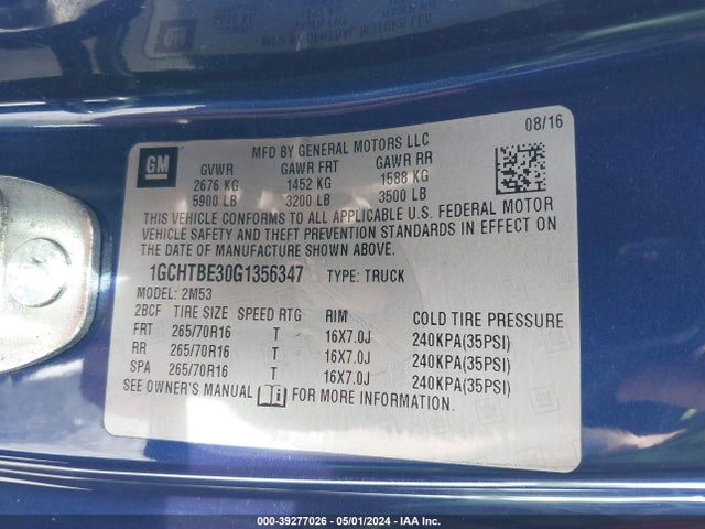 Chevrolet Colorado Wt 2016 1GCHTBE30G1356347 Image 9