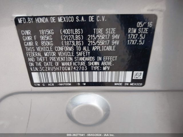 3CZRU5H70GM742703 Honda Hr-v Ex-l