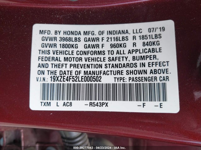 Honda INSIGHT EX 2020 19XZE4F52LE000502 Image 9