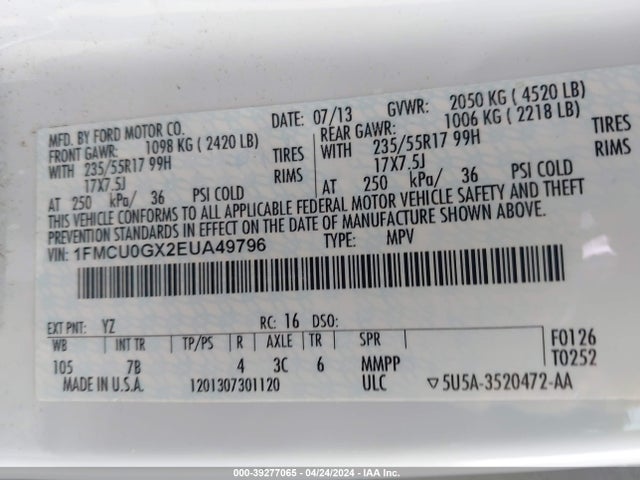 Ford ESCAPE SE 2014 1FMCU0GX2EUA49796 Image 9