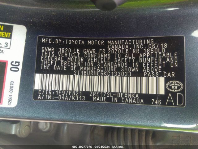 2T1BURHE6KC133033 Toyota COROLLA LE
