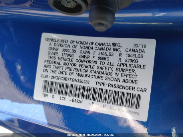Honda Civic Ex-l 2016 2HGFC3B7XGH350286 Image 9