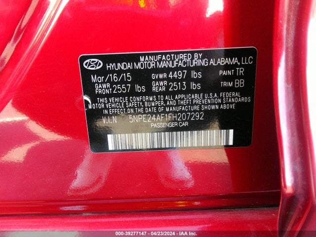 Hyundai SONATA SE 2015 5NPE24AF1FH207292 Image 9