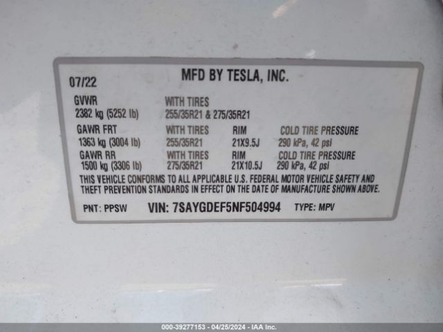 7SAYGDEF5NF504994 Tesla Model Y Performance Dual Motor All-wheel Drive