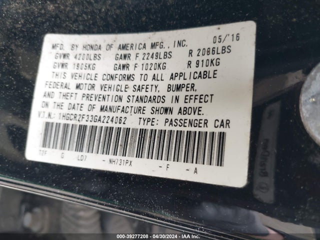 Honda ACCORD LX 2016 1HGCR2F33GA224062 Image 9