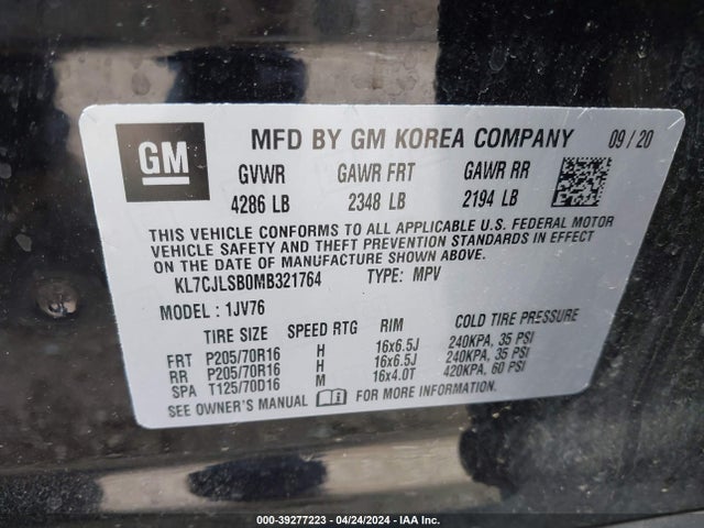 Chevrolet Trax Fwd Lt 2021 KL7CJLSB0MB321764 Image 9